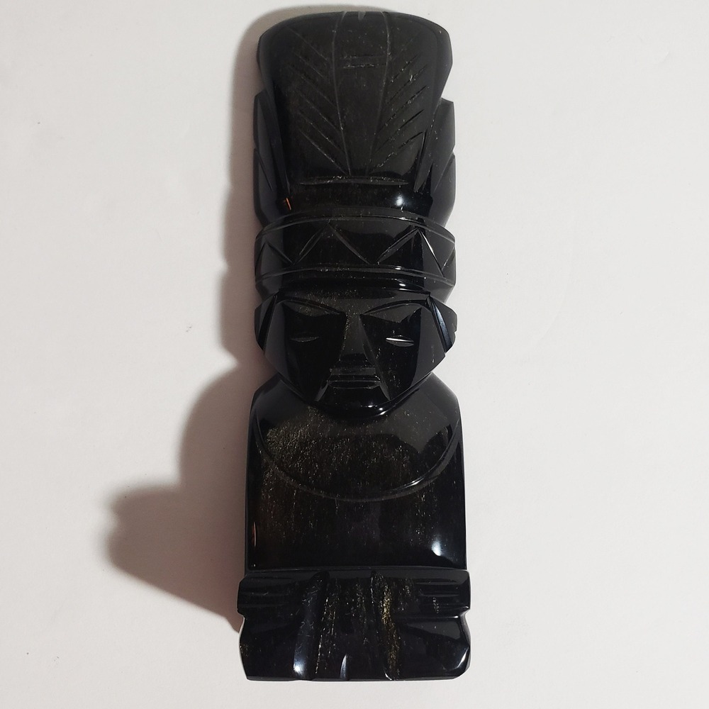 Black Obsidian Gold Sheen MCM Hand Carved Aztec Mayan Lava Stone Statue Idol God